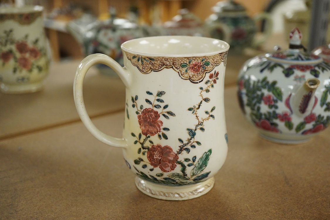 A Bow polychrome mug - 11.5cm high and a Bow prunus sprigged coffee can, c.1760-70